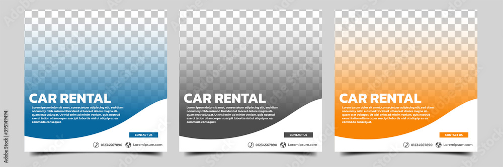 Set of editable square banner template. Car rental banner with black, orange and blue color background. Flat design vector with photo collage. Usable for social media, story and web internet ads. - obrazy, fototapety, plakaty 