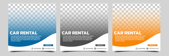set of editable square banner template. car rental banner with black, orange and blue color backgrou
