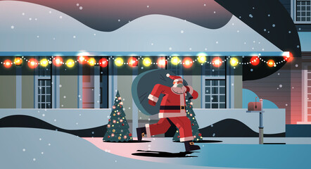 Wall Mural - santa claus in mask running with sack full of gifts happy new year merry christmas holidays celebration concept night winter street with decorated houses full length horizontal vector illustration