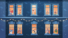 People In Santa Hats Holding Gifts Mix Race Neighbors Standing In Window Frames New Year Christmas Holidays Celebration Self Isolation Concept Building House Facade Horizontal Vector Illustration
