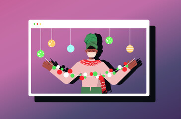 Wall Mural - woman wearing mask to prevent coronavirus pandemic new year christmas holidays celebration girl in web browser window having fun online communication concept horizontal portrait vector illustration