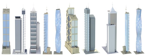 Set of high detailed corporate tall buildings with fictional design and cloudy sky reflection - isolated, various sides view 3d illustration of skyscrapers