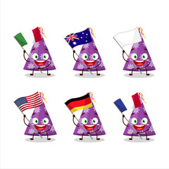 Wall Mural - Purple party hat cartoon character bring the flags of various countries