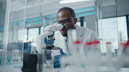 Wall Mural - modern medical research laboratory: portrait of male scientist looking under microscope, writing dow