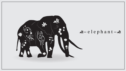 Vector illustration of an elephant in black with white flowers and plants. EPS 10.