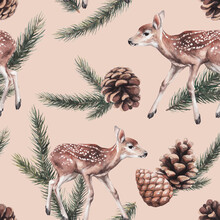 Animal Sketch Pattern With Spotted Deer Pine Cones And Twigs Forest Inhabitant Winter And New Year Theme Watercolor Drawing On A Beige Background