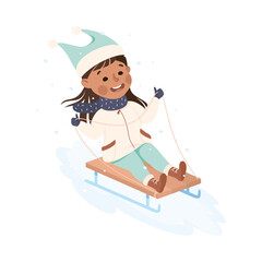 Poster - Excited Girl in Warm Clothing Sledging or Sledding Downhill Vector Illustration