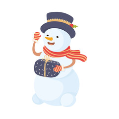 Poster - White Frozen Snowman in Scarf Holding Gift Box Vector Illustration