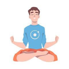 Poster - Male with Closed Eyes and Crossed Legs Sitting in Lotus Position Practising Yoga Vector Illustration