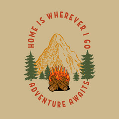 Wall Mural - vintage illustration of mountain landscape with campfire. design element for poster, card, banner, e