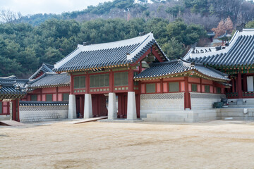 Wall Mural - Wooden house with black tiles of Hwaseong Haenggung Palace loocated in Suwon South Korea, the largest one of where the king and royal family retreated to during a war 