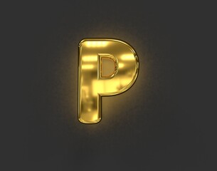 shine golden metal font - letter P isolated on dark grey, 3D illustration of symbols