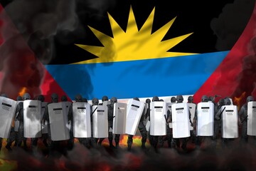 Antigua and Barbuda protest fighting concept, police guards in heavy smoke and fire protecting order against revolt - military 3D Illustration on flag background