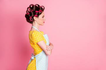 Poster - Profile side photo of serious wife girl look copyspace cross hands wear hair rollers isolated on pastel color background