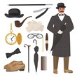 © Siberian Art - Victorian gentleman set, flat vector isolated illustration. English gentleman clothing and accessories. Bowler hat, cane, razor, watch, pipe, cigar, gloves, umbrella and shoes.