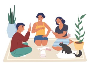 Wall Mural - Teens playing board game sitting on the floor with cat, flat vector illustration. Happy young people friends playing cards and having fun. Home leisure activities.