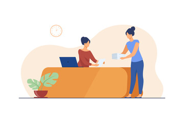 Wall Mural - Office manager receiving documents from colleague. Job, work, receptionist flat vector illustration. Documentation and occupation concept for banner, website design or landing web page