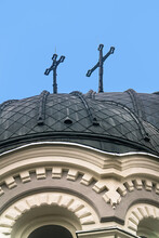 Two Crosses On The Roof Of Cathedral  Of St. Michael The Archangel Dome