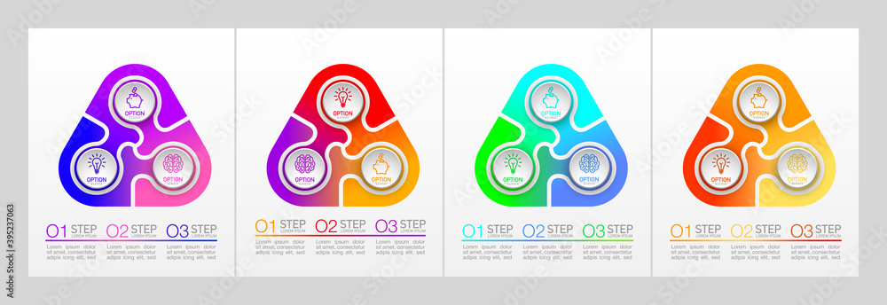 Set flat puzzle round infographics presentation. 2,3,4,5,6,7,8 steps ...