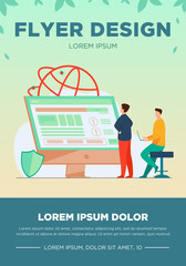 Wall Mural - developers testing software. man with laptops watching infographics, fixing bugs, using computer. ve