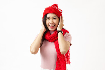 Portrait young asian woman wear santa hat smiling with happy in holiday xmas, on white background