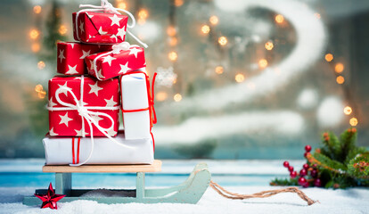 Wall Mural - Christmas presents on wooden sledges with festive background