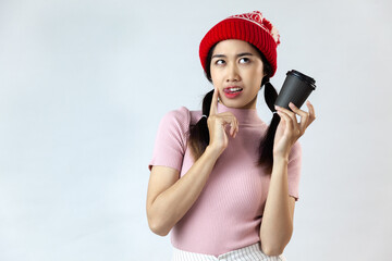 asian woman with paper cup isolated on white background