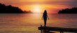 The silhouette of a girl stands on the pier against the sunset down.