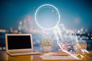 Desktop computer background in office and start up theme hologram drawing. Double exposure. Startup concept.