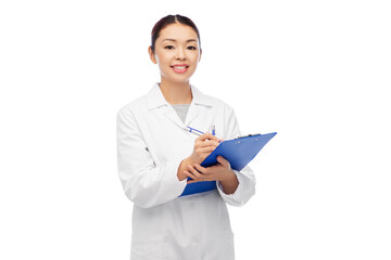 Wall Mural - medicine, profession and healthcare concept - happy smiling asian female doctor or scientist in lab coat with clipboard and pen over white background