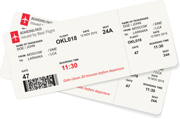 Wall Mural - Vector template of red boarding pass tickets. Concept of trip or travel