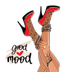 Girl in high heels in red shoes. Fashionable vector illustration. The trend is upside down. Beautiful girly stockings