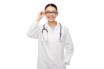 Sticker - medicine, vision and healthcare concept - happy smiling asian female doctor in glasses and white coat