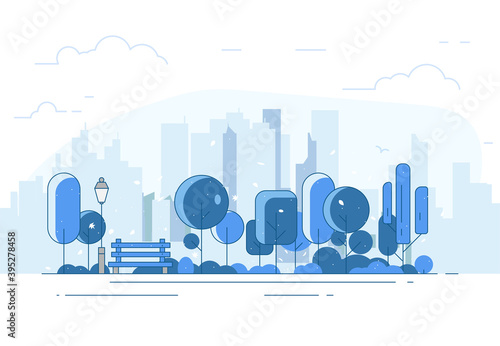 Winter park. City park bench, lawn and trees. Flat style line vector illustration. On background business city center with skyscrapers. Blue and white colors park in center of town. © ikonstudio