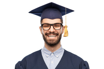 Poster - education, graduation and people concept - happy smiling male graduate student in mortar board and bachelor gown over white background