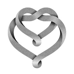 the sign of the union of two hearts made of intertwined stippled mobius strips. symbol of infinite l