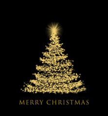 Abstract Christmas tree with golden stars on black background.