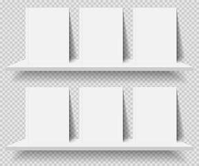 Bookshelf and books with blank covers on transparent background.