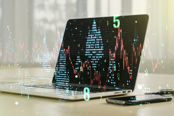 Multi exposure of abstract financial diagram on computer background, banking and accounting concept