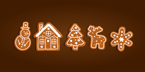 Christmas gingerbread cookies set collection, snowman, snowflake, house, tree, angel, reindeer, vector illustration