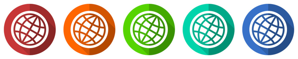 Fototapete - World, globe vector icon set, red, blue, green and orange flat design web buttons isolated on white, vector illustration