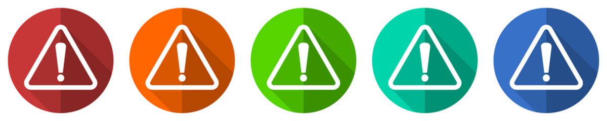 Aufkleber - Warning, danger, caution vector icon set, red, blue, green and orange flat design web buttons isolated on white, vector illustration