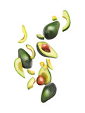 Fototapeta  - Sliced and whole avocado in flight on a white background