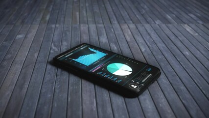 Modern smartphone stock market app on screen. Futuristic interface with charts and data. Trading online, foreign exchange market crypto currency