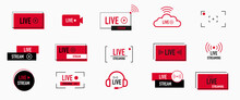 Live Streaming Icons Set. Red Symbols And Buttons Of Live Streaming, Broadcasting, Online Stream. Third Template For Tv, Shows, Movies And Live Performances. Vector Illustration.