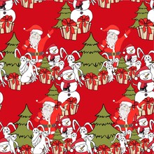 Winter Holiday Seamless Pattern. Santa Claus Gift Box Christmas Tree Snowmen Hare On Red Design Element Stock Vector Illustration For Web, For Print, For Fabric Print, For Wallpaper, Green, White, Fan