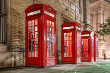 Famous Red Telephone Booths In The Evening, Covent Garden Street, London, England