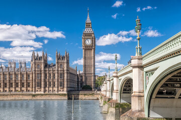 Fototapete - Big Ben and Houses of Parliament with bridge in London, England, UK