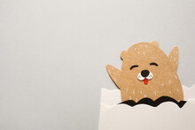 Happy Groundhog Day. Paper Craft For Kids On Gray Background. Create Art For Children. Minimal Concept, Copy Space