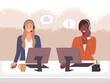 © robu_s - Characters female call center hotline. Online support worker, telephone service operator. Dispatcher, workplace of customer support manager at computer. Remote service specialist with headphone
